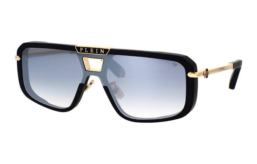 (Women) PHILIPP PLEIN  Black Aviator Sunglasses with Logo Print. SPP008M703X