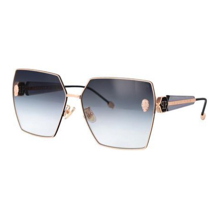 (Women) PHILIPP PLEIN  Irregular Gold Acetate Metal Sunglasses with Logo. SPP122S02AM