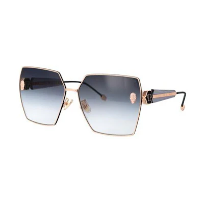 (Women) PHILIPP PLEIN Irregular Gold Acetate Metal Sunglasses with Logo. SPP122S02AM