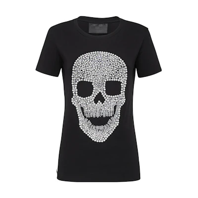 (Women) PHILIPP PLEIN Skull Crystal Embellished Round Neck T-Shirt Black P19C-WTK1283-PTE003N-02