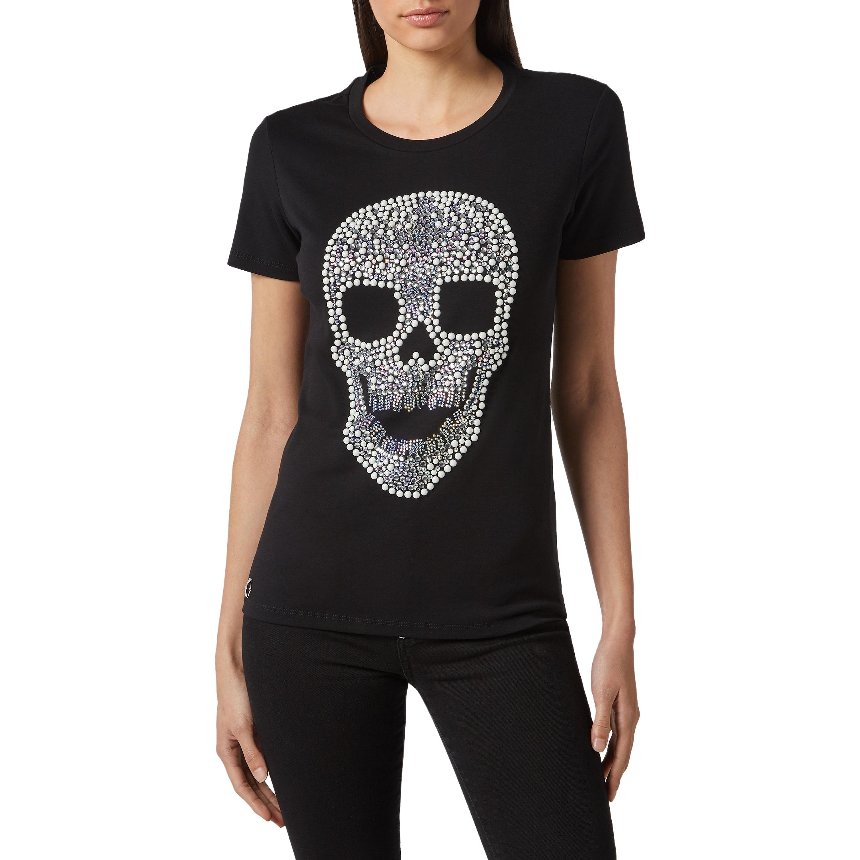 Shop (W) PHILIPP PLEIN 骷髏水鑽裝飾圓領T恤 黑色 P19C-WTK1283-PTE003N-02