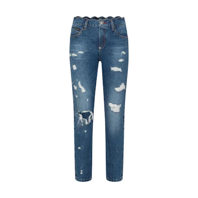 (Women) PHILIPP PLEIN Blue Distressed Slim Fit Cropped Jeans for Women. P19C-WDT1032-PDE004N-08ON