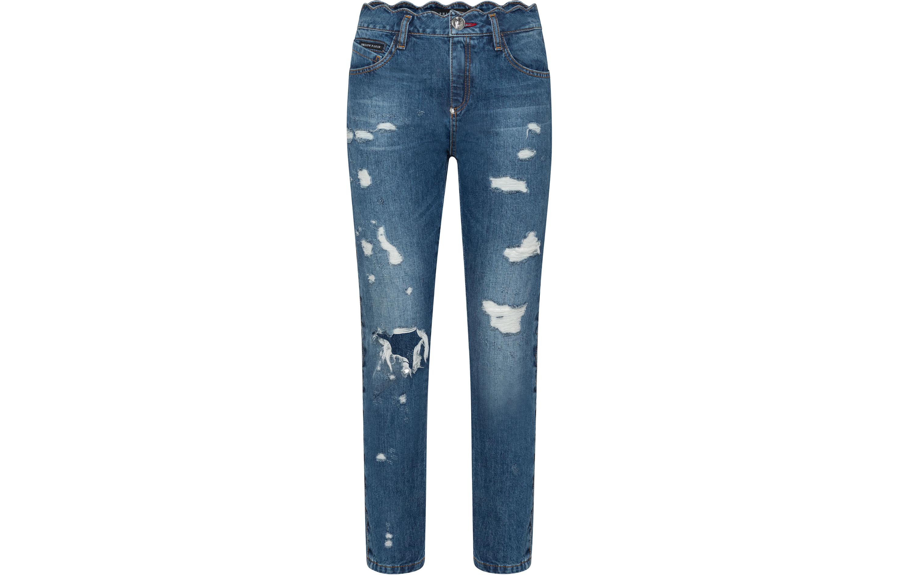 Order (W) PHILIPP PLEIN Jeans Wanita Slim Fit Cropped Biru Distressed. P19C-WDT1032-PDE004N-08ON