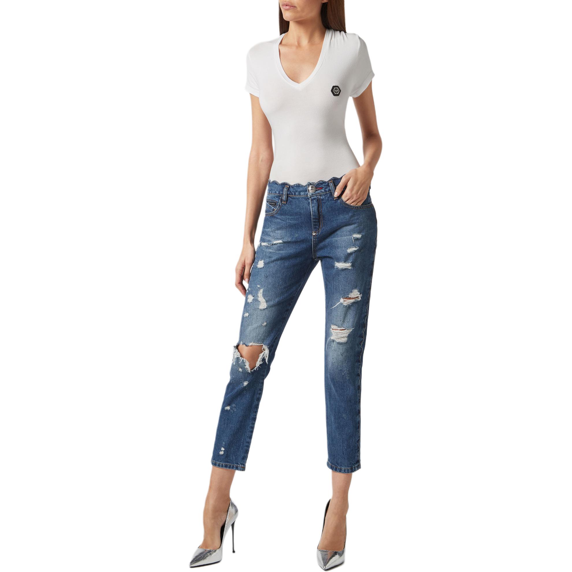 Lookbook (W) PHILIPP PLEIN Jeans Wanita Slim Fit Cropped Biru Distressed. P19C-WDT1032-PDE004N-08ON