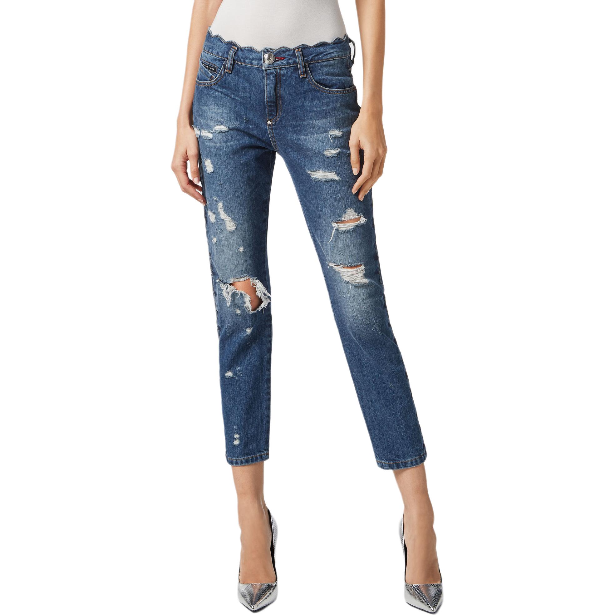 Shop (W) PHILIPP PLEIN Jeans Wanita Slim Fit Cropped Biru Distressed. P19C-WDT1032-PDE004N-08ON