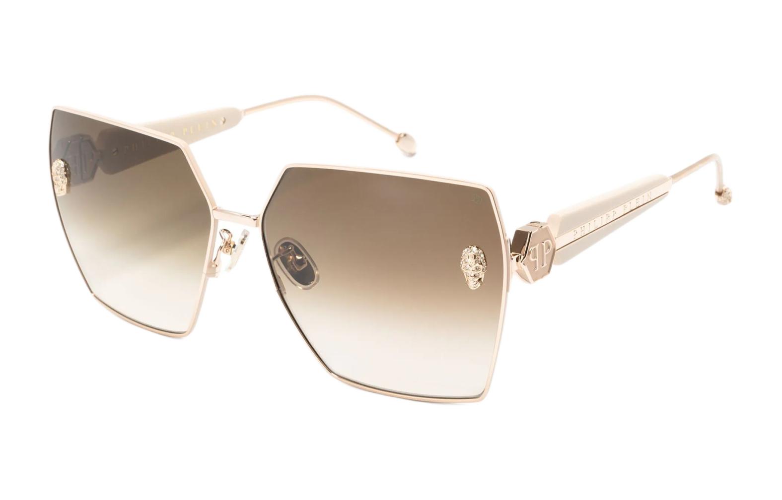 (Women) PHILIPP PLEIN Gold Irregular Logo Sunglasses for Women. SPP122S