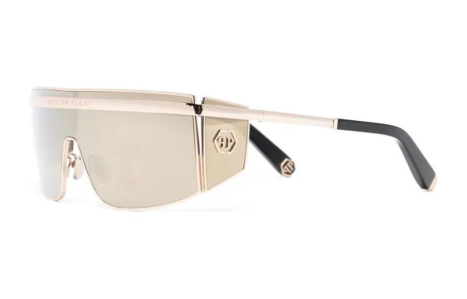 (Women) PHILIPP PLEIN Gold Irregular Metal Sunglasses for Women with Logo Detail. SPP013
