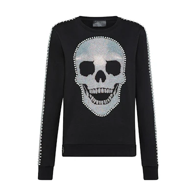 (Women) PHILIPP PLEIN SS23 Skull Graphic Cotton Long Sleeve T-Shirt Black P19C-WJO0452-PTE003N-02