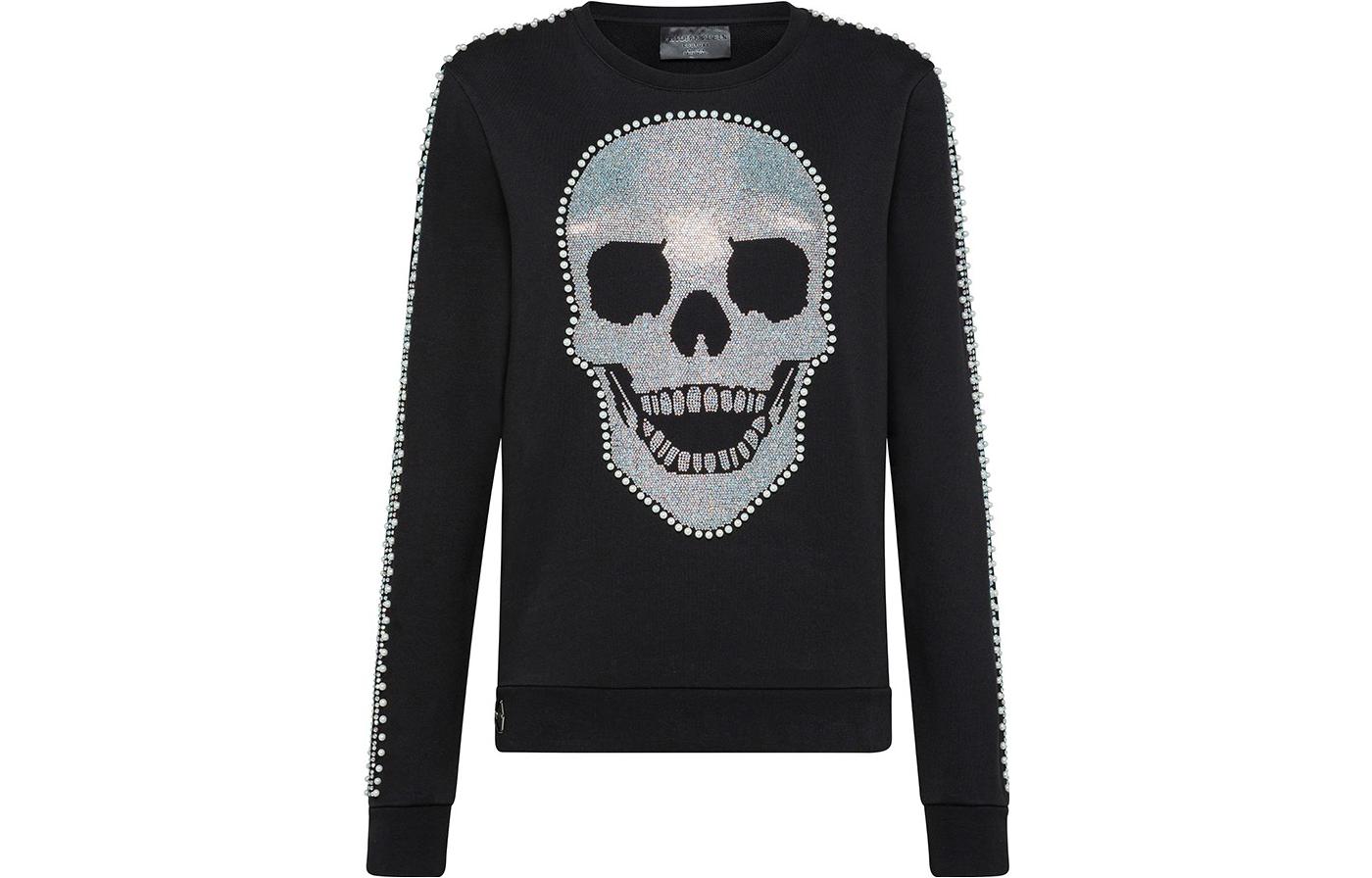 Order (W) PHILIPP PLEIN SS23 Kaos Lengan Panjang Cotton Hitam Motif Tengkorak. P19C-WJO0452-PTE003N-02