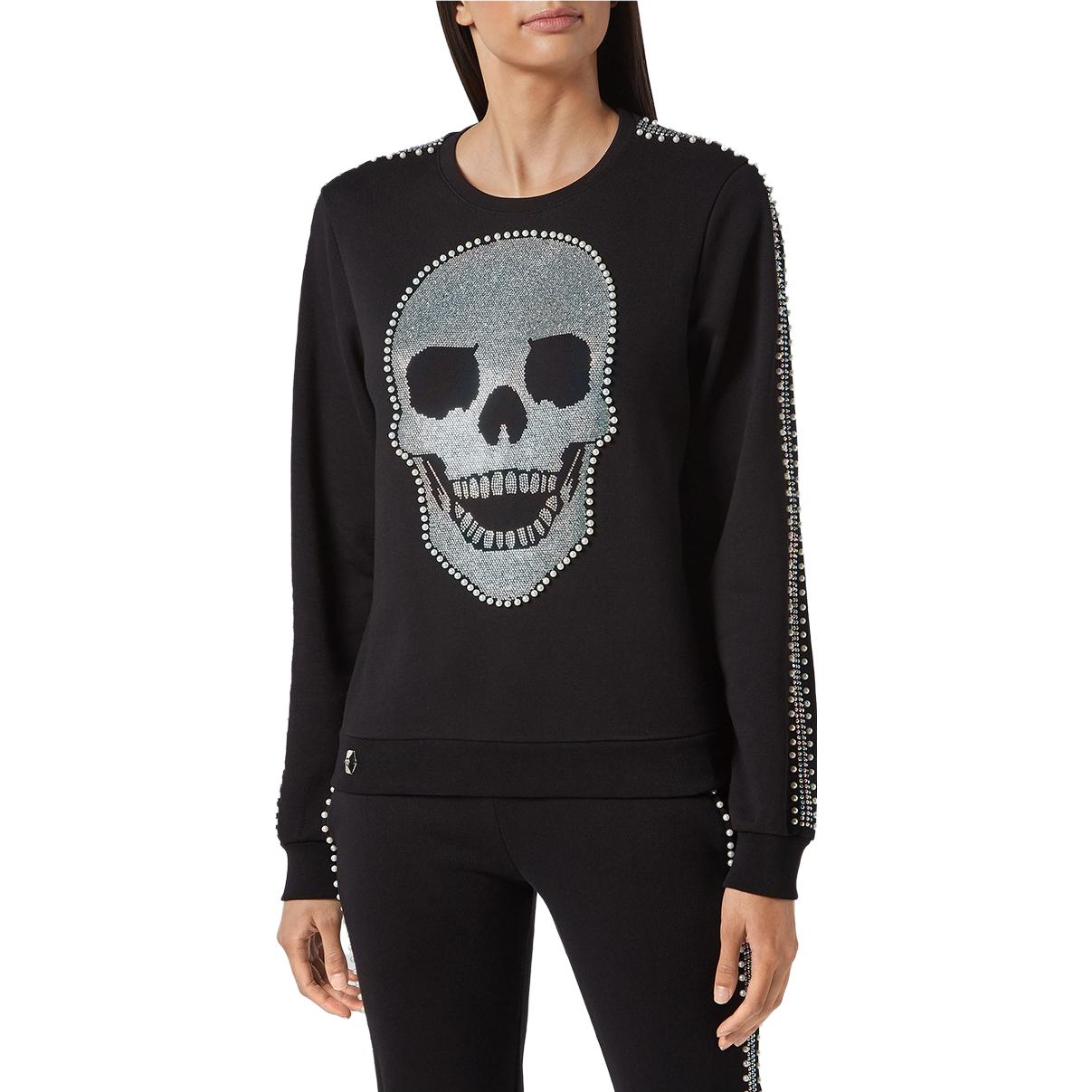 Purchase (W) PHILIPP PLEIN SS23 Kaos Lengan Panjang Cotton Hitam Motif Tengkorak. P19C-WJO0452-PTE003N-02