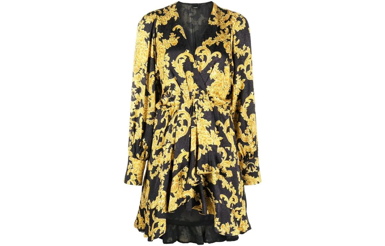 Order (W) PINKO 巴洛克印花V领长袖连衣裙 - 黑色 1G18GFA07TZH2