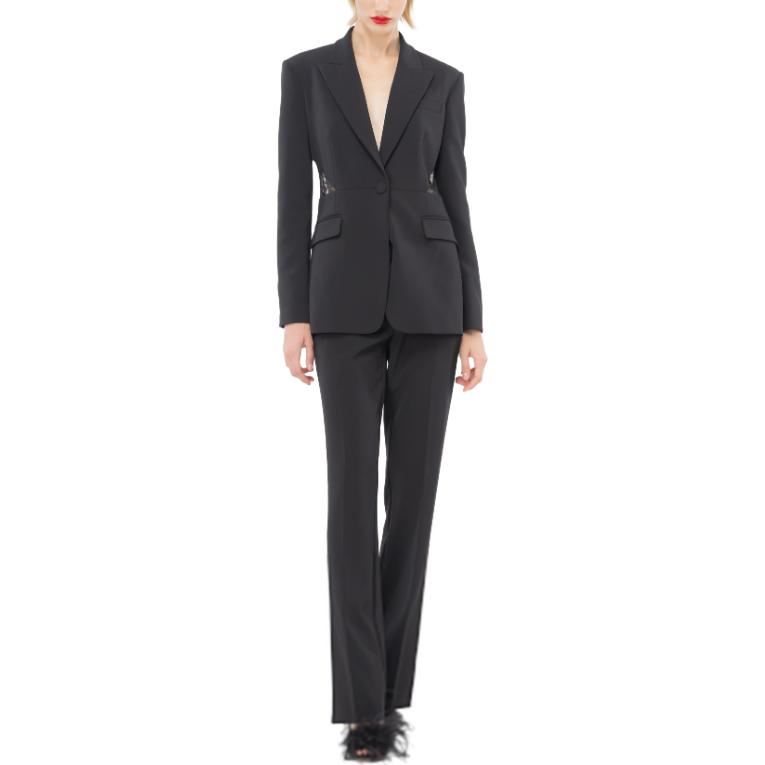 Shop (W) PINKO 黑色蕾絲單排扣西裝外套搭配缺口翻領設計。 102849A1JU-Z99