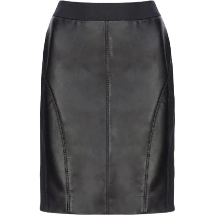 (Women) PINKO  Black Leather and Fabric Mini Skirt - Casual Solid Design. 102775A1KB-Z99