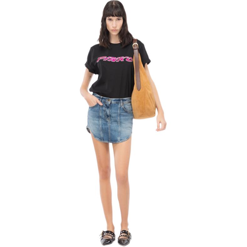 (Women) PINKO  Black Rhinestone Letter Print Crewneck T-Shirt Short Sleeve 103138A1P7-ZW1