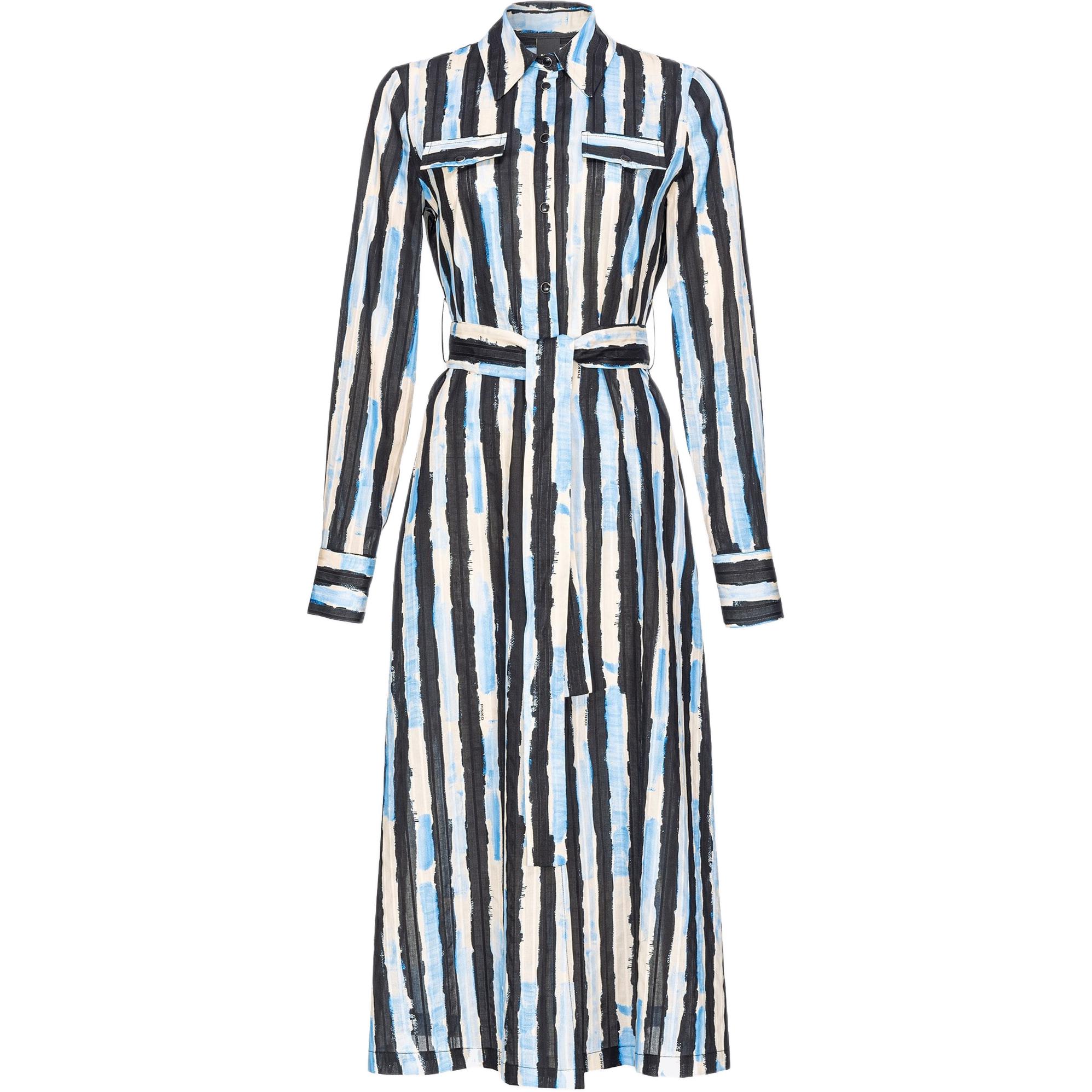 (Women) PINKO  Black Striped Long-Sleeve Midi Dress with Collared Neckline 100909A1UK-DZE