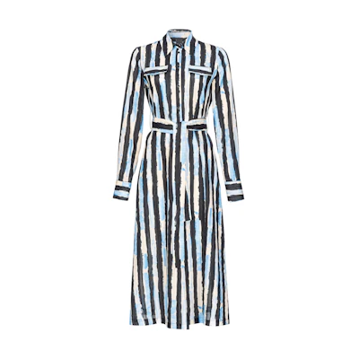(Women) PINKO Black Striped Long-Sleeve Midi Dress with Collared Neckline 100909A1UK-DZE