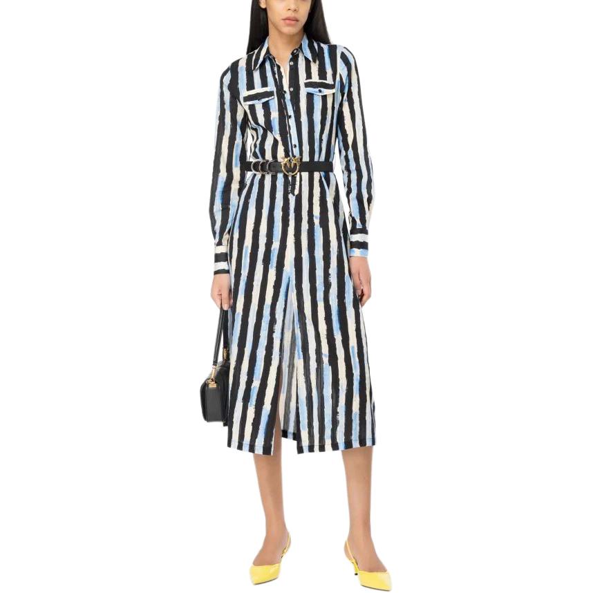 Shop (W) PINKO 黑色條紋長袖連身中長裙帶翻領設計 100909A1UK-DZE