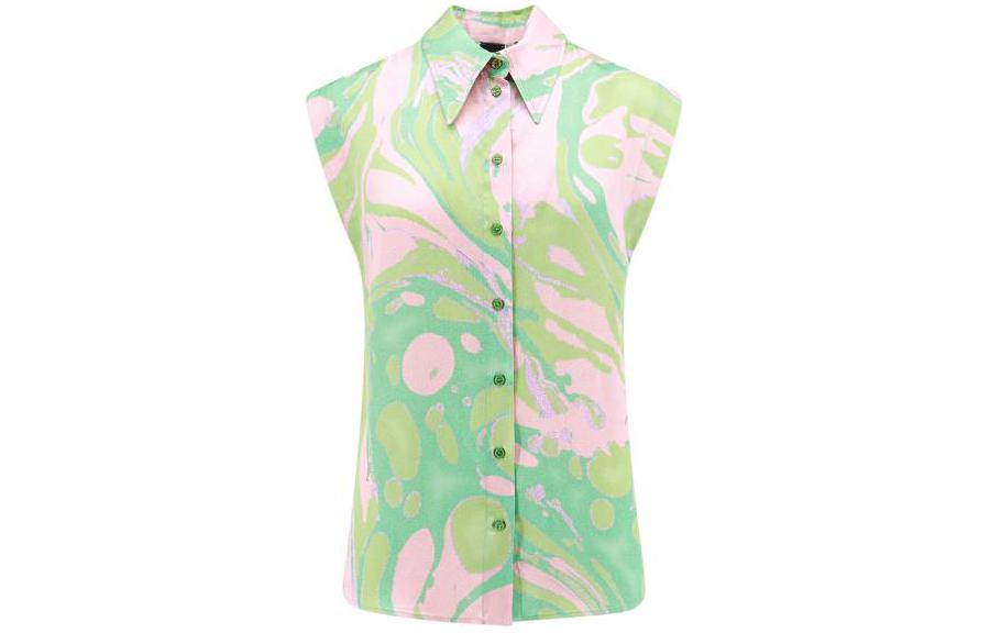 (Women) PINKO  Green Tie-Dye Fitted Sleeveless Shirt with Pointed Collar. 103116A1NQ-SN2