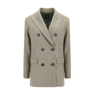 (Women) PINKO Plaid Double-Breasted Blazer in Taupe Gray. 104126A248-CS0