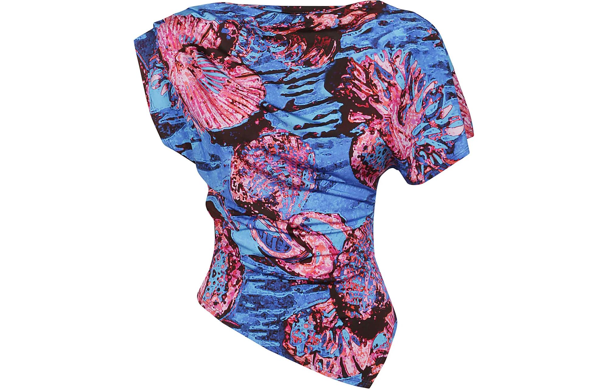 (Women) PINKO  Printed Asymmetrical Cropped T-Shirt - Multicolor Short Sleeve 103196A1PC-EN4