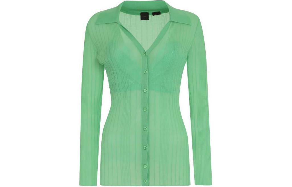 (Women) PINKO  Sheer Ribbed V-Neck Long Sleeve Sweater - Green. 102980A1ND-SSA