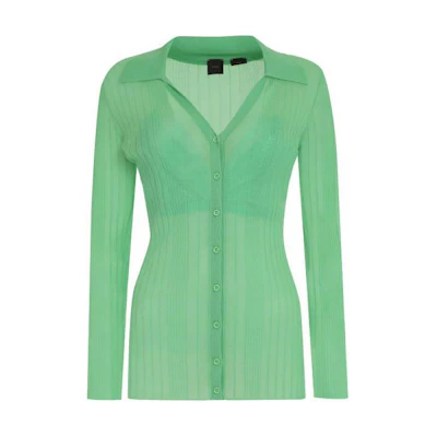 (Women) PINKO Sheer Ribbed V-Neck Long Sleeve Sweater - Green. 102980A1ND-SSA