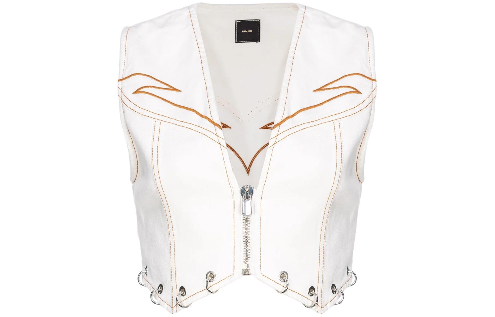 (Women) PINKO  White Cropped Vest with Contrast Embroidery Design. 103625A1VD-Z05
