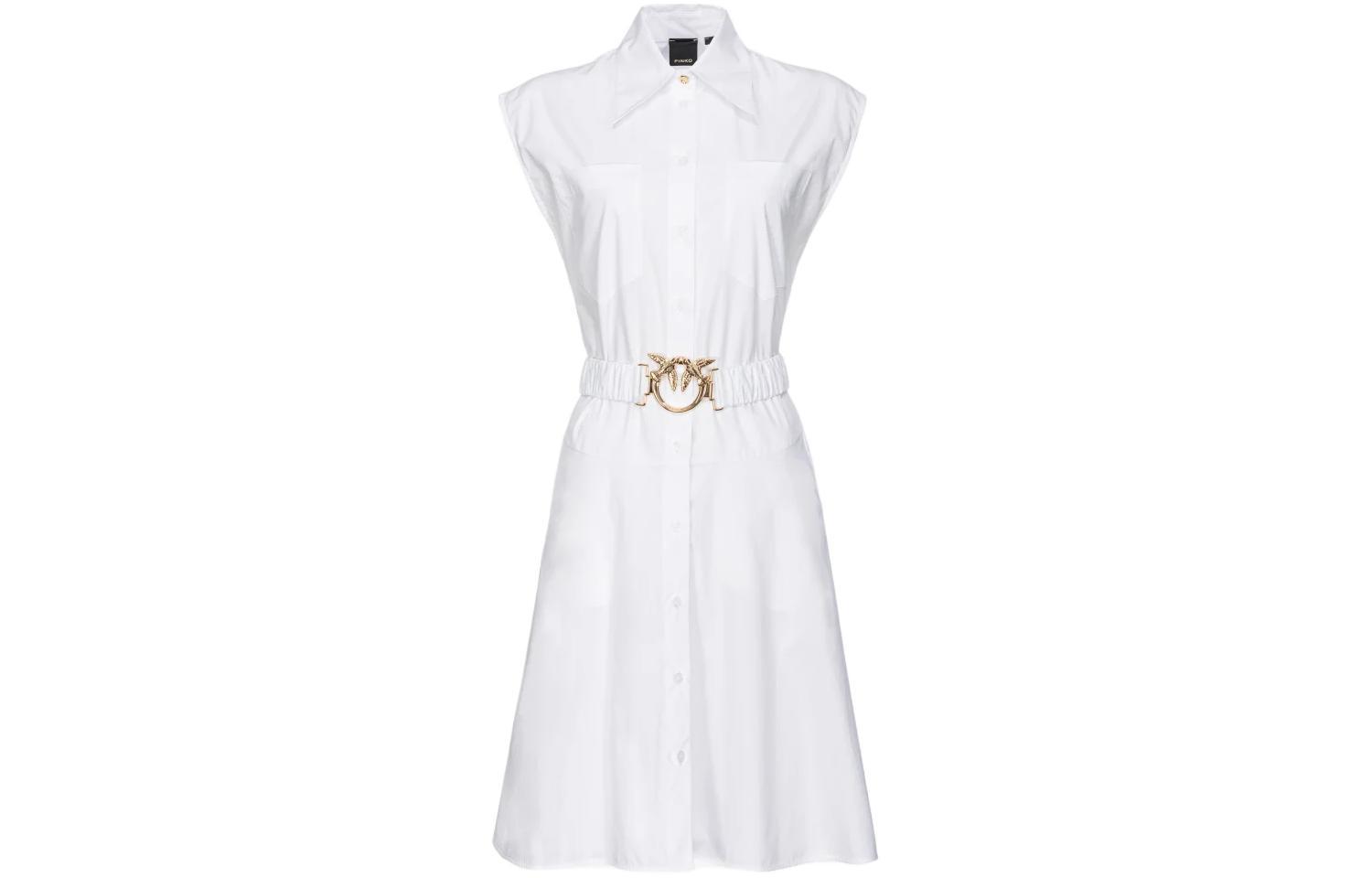 (Women) PINKO  White Sleeveless Midi Dress with Solid Color and Pointed Collar 103111A1P4-Z04