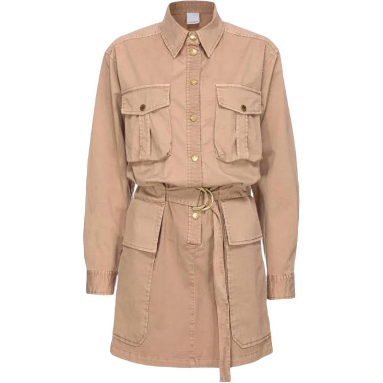 (Women) PINKO Beige Belted Utility Shirt Dress  Long Sleeve Midi Dress. 102997A1NFD57