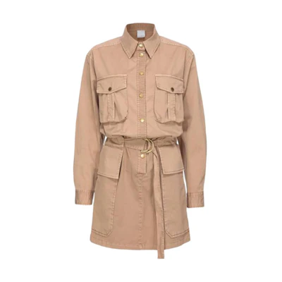 (Women) PINKO Beige Belted Utility Shirt Dress Long Sleeve Midi Dress. 102997A1NFD57