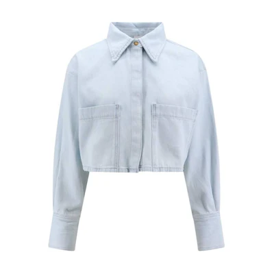 (Women) PINKO Embroidered Logo Zip-Up Collared Long-Sleeve Shirt Blue - 103060A1MO-PJN