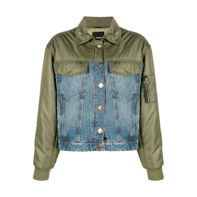 (Women) PINKO FW22 Army Green Patchwork Denim Jacket with Long Sleeves. 1J110GA0A1-ES1