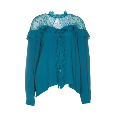(Women) PINKO FW22 Blue Lace Patchwork Long-Sleeve Relaxed Shirt. 1G18FD8889VA3