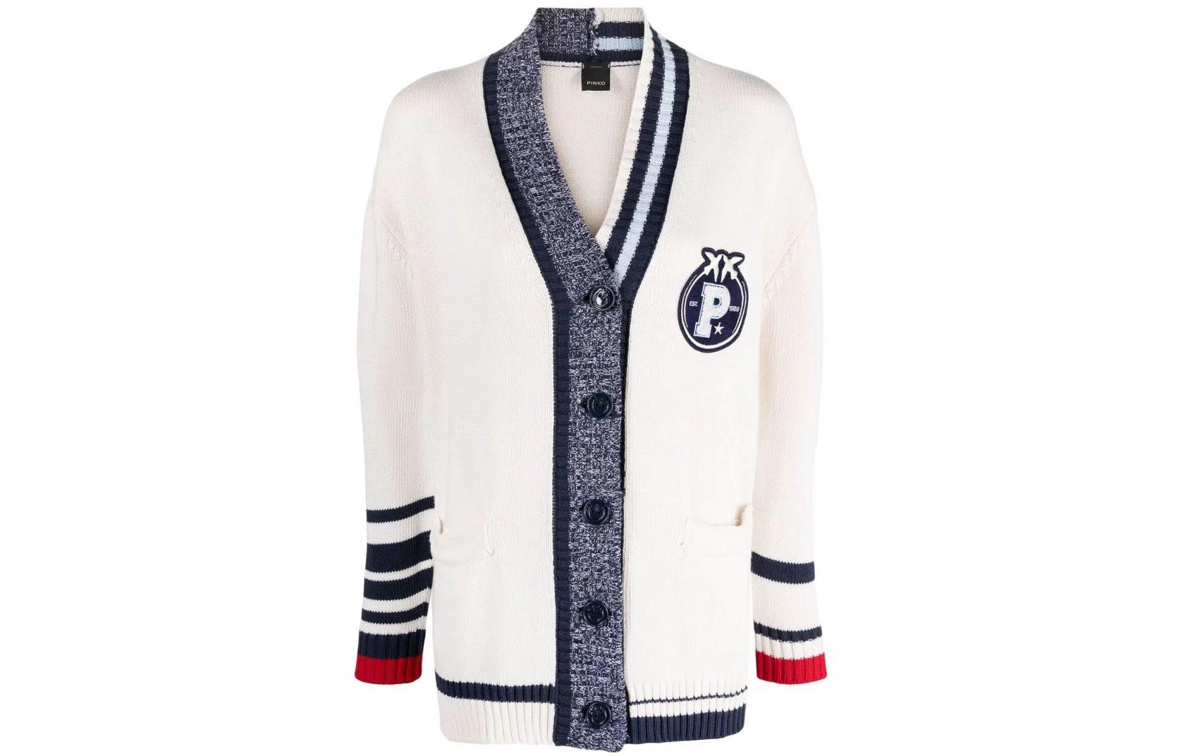 (Women) PINKO FW22  White Striped Loose-Fit Knit Cardigan Long Sleeve Top. 1G1746Y85FCEB