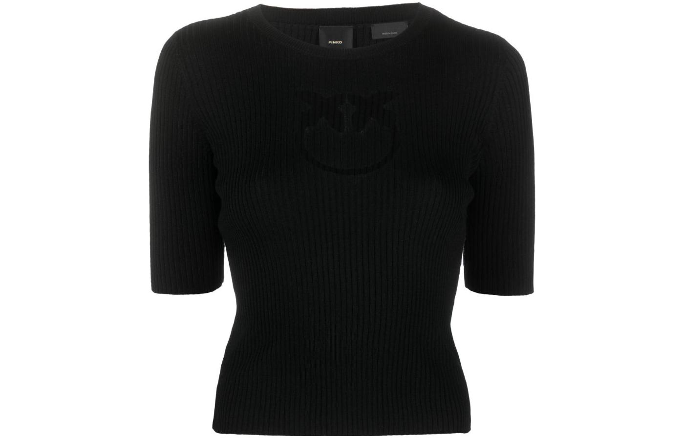 (Women) PINKO FW23  Black Knit Short Sleeve Sweater with Solid Logo Design Ribbing. 102017A18M-Z99