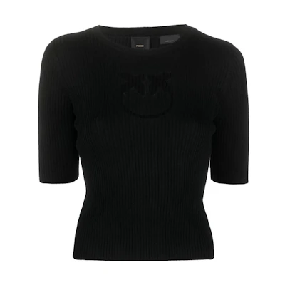 (Women) PINKO FW23 Black Knit Short Sleeve Sweater with Solid Logo Design Ribbing. 102017A18M-Z99