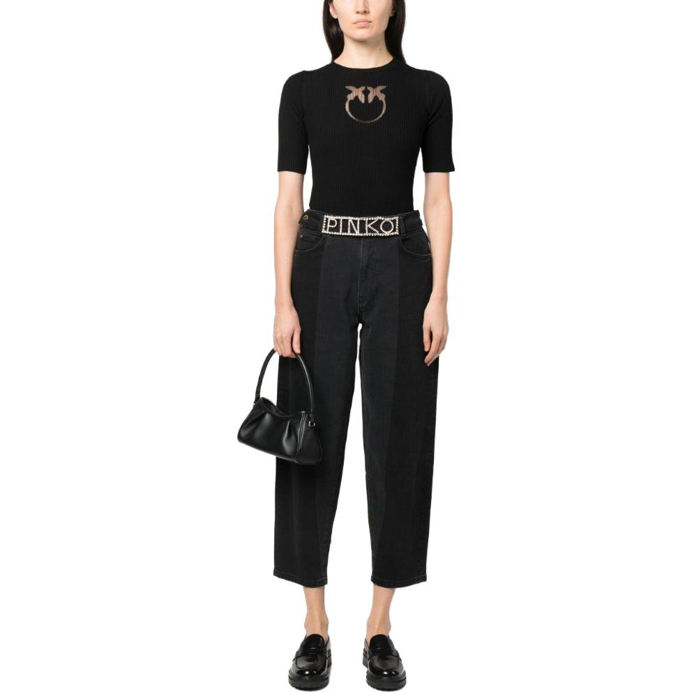 Lookbook (W) PINKO FW23 黑色短袖針織毛衣搭配實心標誌設計羅紋。 102017A18M-Z99