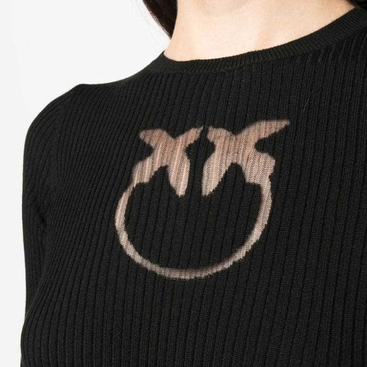 Sizing (W) PINKO FW23 黑色短袖針織毛衣搭配實心標誌設計羅紋。 102017A18M-Z99