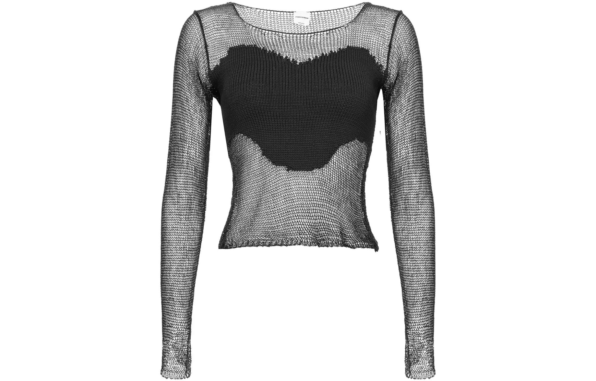 (Women) PINKO FW23  Black Sheer Knit Patchwork Round-Neck Sweater 103295A1QC-Z99