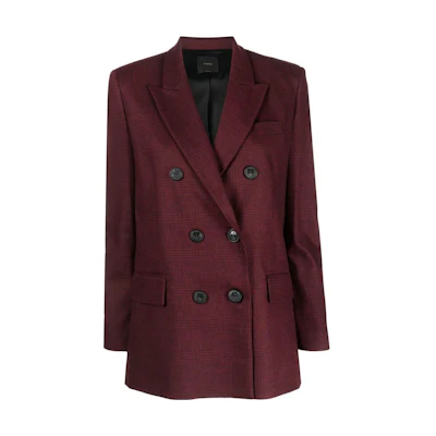 (Women) PINKO FW23 Plaid Double-Breasted Blazer Jacket in Burgundy. 102303A07P-YZ7