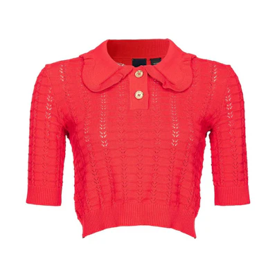 (Women) PINKO FW23 Red Mesh Knit Pullover Short-Sleeve Sweater 103162A1Q3-R48