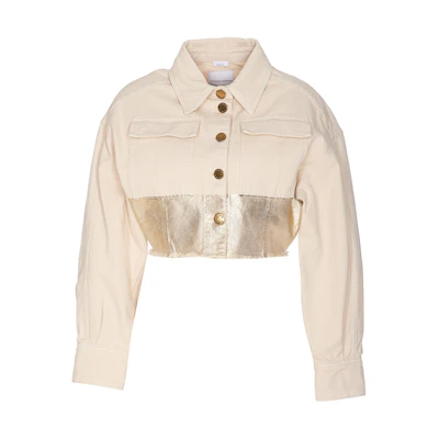 (Women) PINKO FW23 Short Beige Denim Jacket with Metal Tube Detailing. 102944A1MR-CH7
