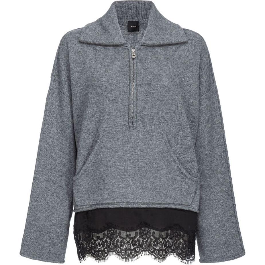 (Women) PINKO FW24  Grey Knit Sweater with Lace Trim and Mixed Color Effect. 103919A226
