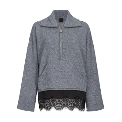(Women) PINKO FW24 Grey Knit Sweater with Lace Trim and Mixed Color Effect. 103919A226