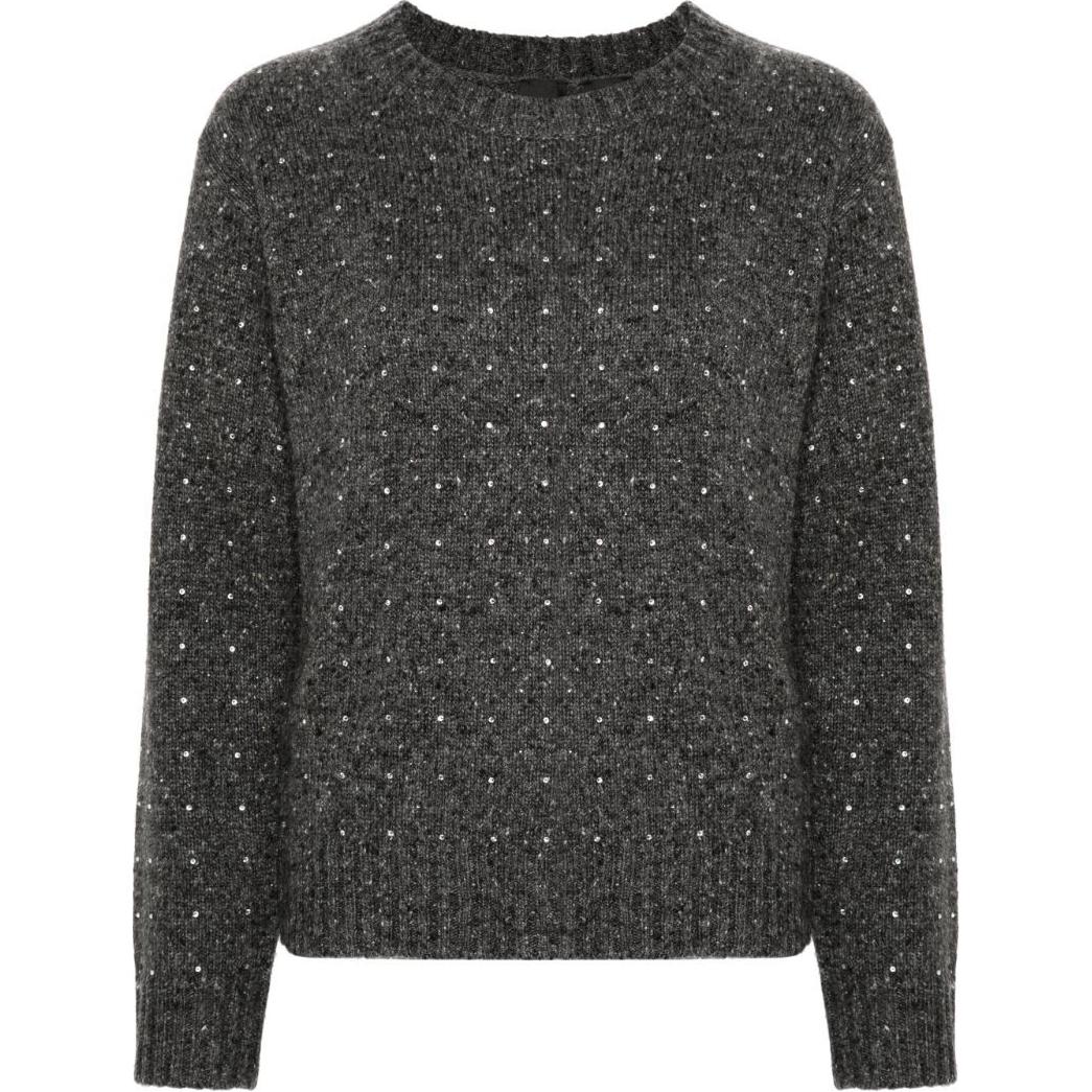 (Women) PINKO FW24  Loose-Fit Gray Sweater with Crystal Ribbed Trim. 103968A232-IZ9