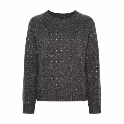 (Women) PINKO FW24 Loose-Fit Gray Sweater with Crystal Ribbed Trim. 103968A232-IZ9