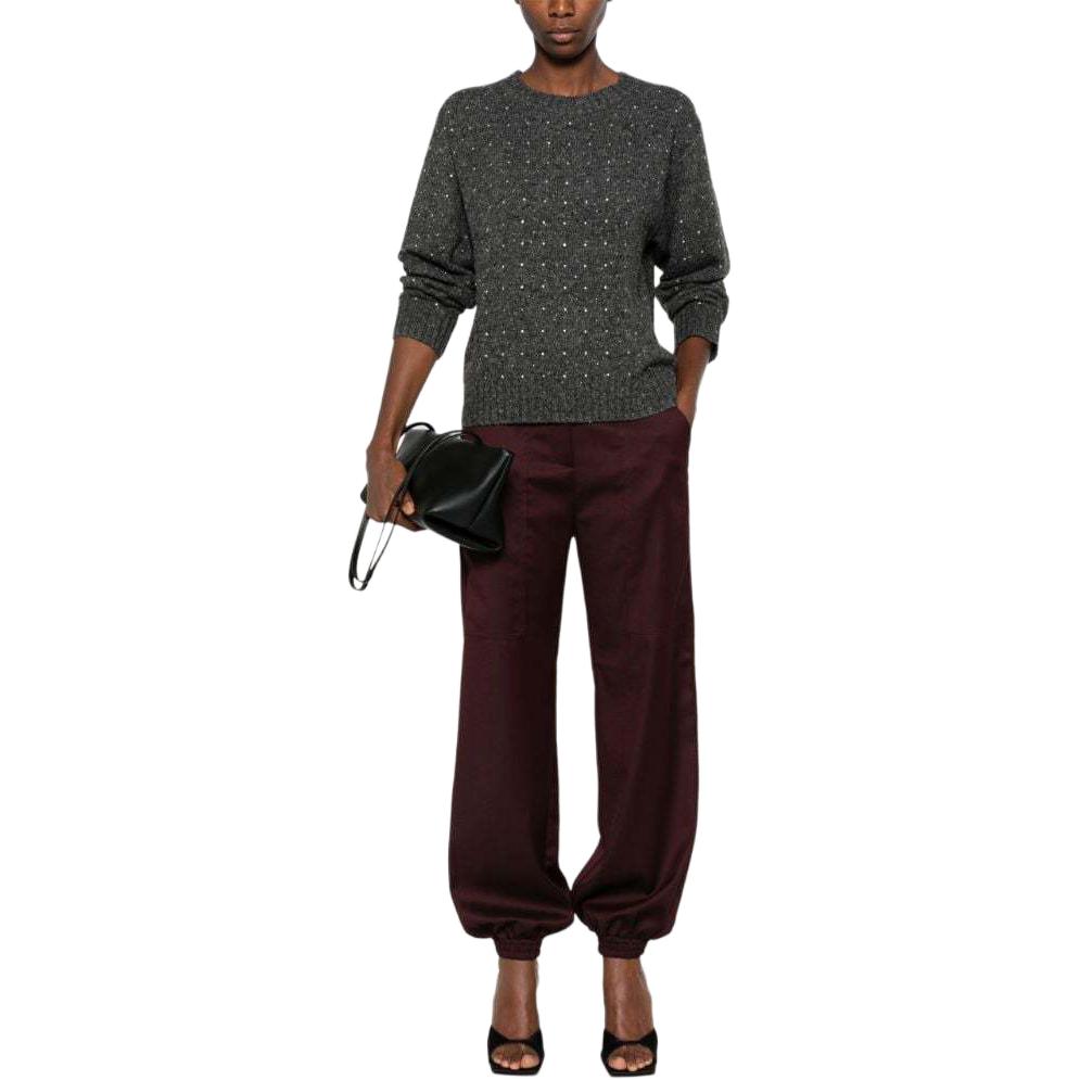 Lookbook (W) PINKO FW24 寬鬆版型灰色毛衣鑲嵌水晶羅紋裝飾。 103968A232-IZ9