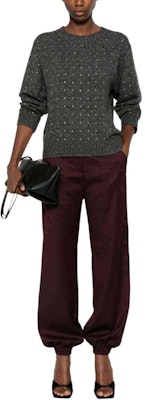 (W) PINKO FW24 寬鬆版型灰色毛衣鑲嵌水晶羅紋裝飾。 103968A232-IZ9 Lookbook (W) PINKO FW24 寬鬆版型灰色毛衣鑲嵌水晶羅紋裝飾。 103968A232-IZ9