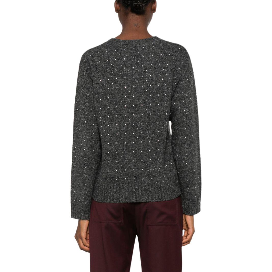 Shop (W) PINKO FW24 寬鬆版型灰色毛衣鑲嵌水晶羅紋裝飾。 103968A232-IZ9