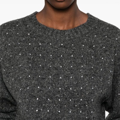 (W) PINKO FW24 寬鬆版型灰色毛衣鑲嵌水晶羅紋裝飾。 103968A232-IZ9 Details for (W) PINKO FW24 寬鬆版型灰色毛衣鑲嵌水晶羅紋裝飾。 103968A232-IZ9